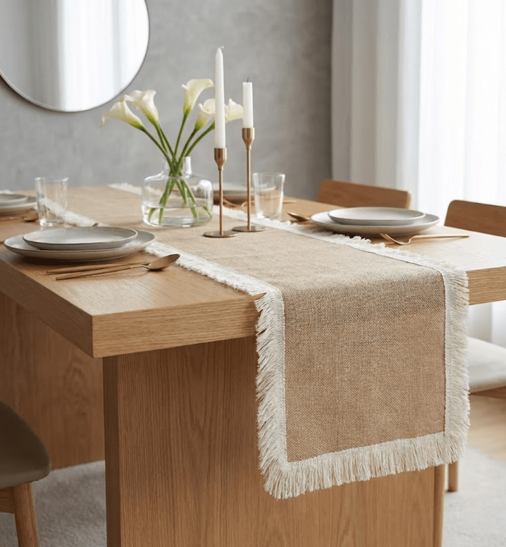 Chemin de table en toile de jute avec poils