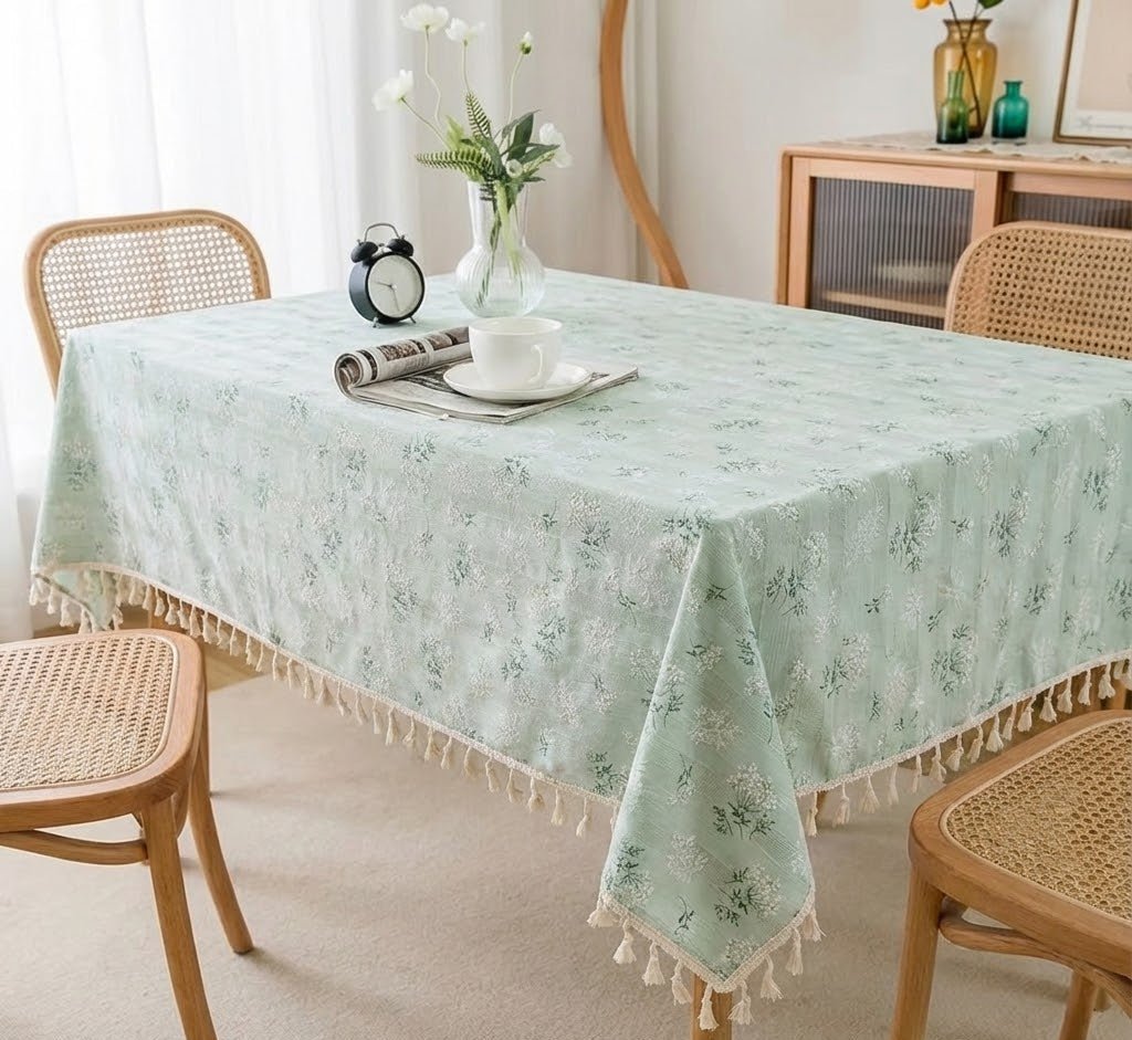 Nappe de table en coton Sauge | Yarrow pompons